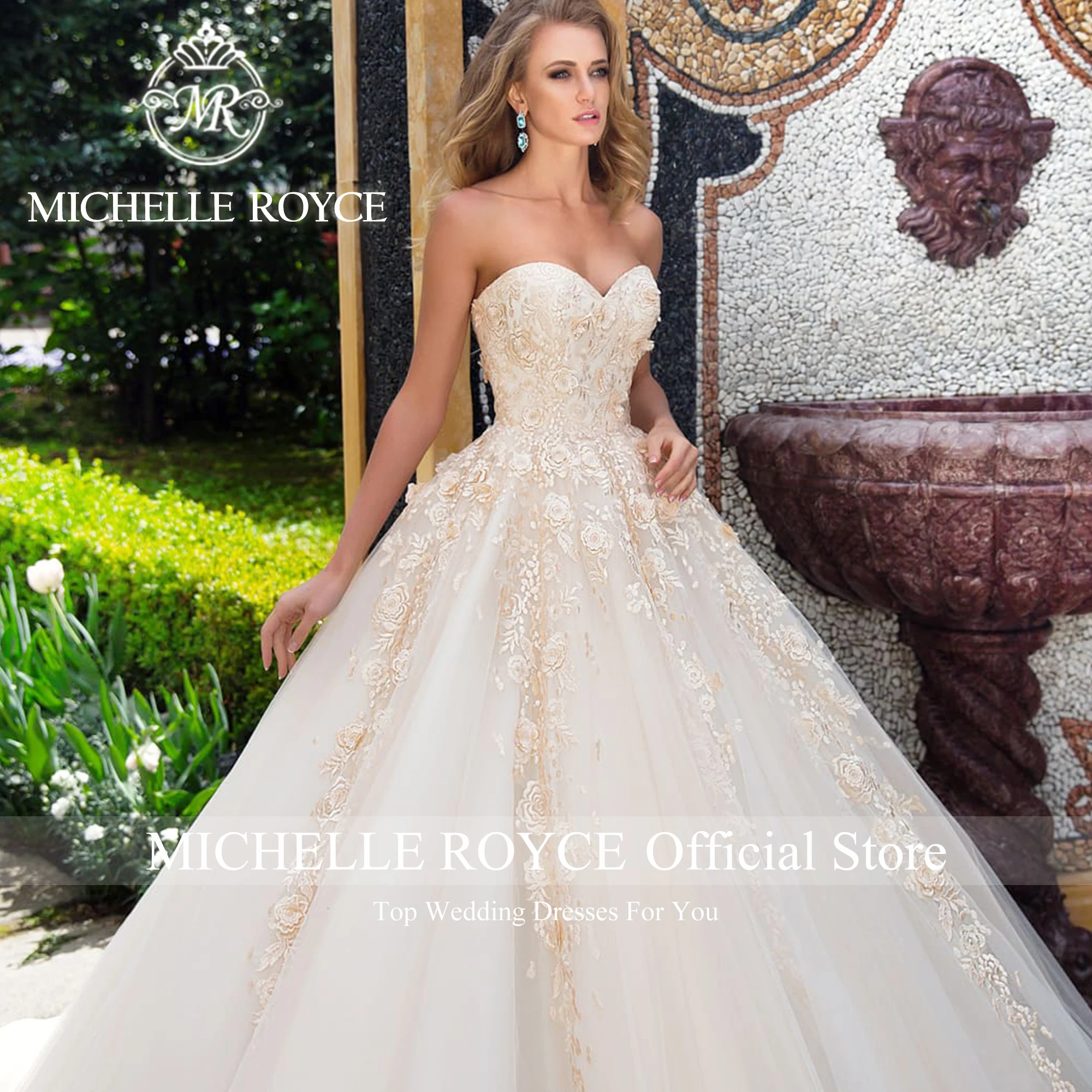 

Michelle Royce Champagne Wedding Dresses For Woman Strapless Embroidery 3D Flowers Ball Gown Wedding Gown Vestido De Novia