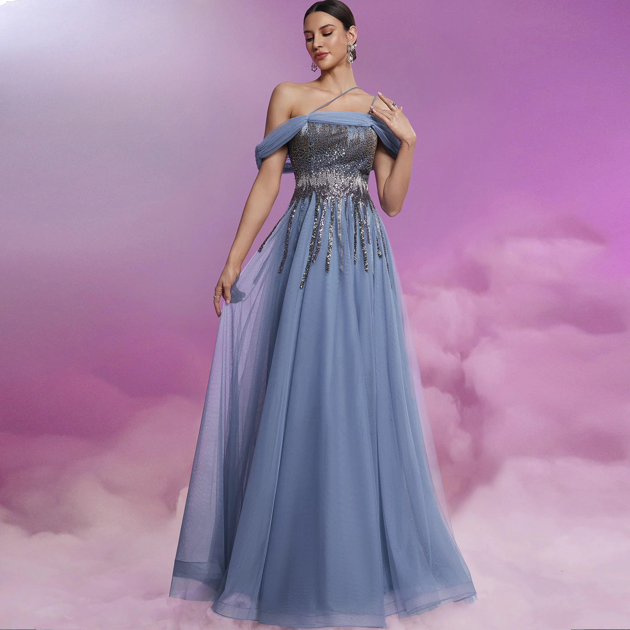 

Rosymae Elegant A-Line Prom Gown Spaghetti Strap One-Shoulder Sequined Bodice Flattering Off-Shoulder Special Occasions