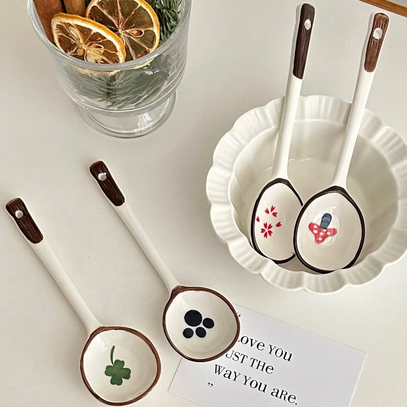 Cute Ceramic Soup Spoon Kawaii Korean Ice Cream Hand Painted Dessert Spoon With Long Handle Kitchen Tableware Accessories Gift