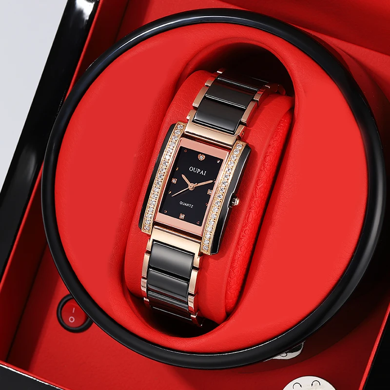 ساعة Oupai مستطيلة للنساء سوار أسود من حجر الراين كوارتز حركة عصرية وبسيطة ساعة يد رائعة مقاومة للماء