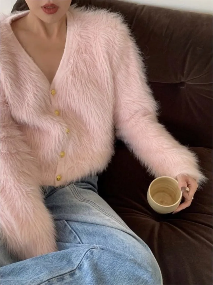 Autumn Winter Furry Cardigan Coat Sweater Women 2023 Fashion Pink Kintted Coats Cropped Top Korean Womens Cardigans Woman Coat