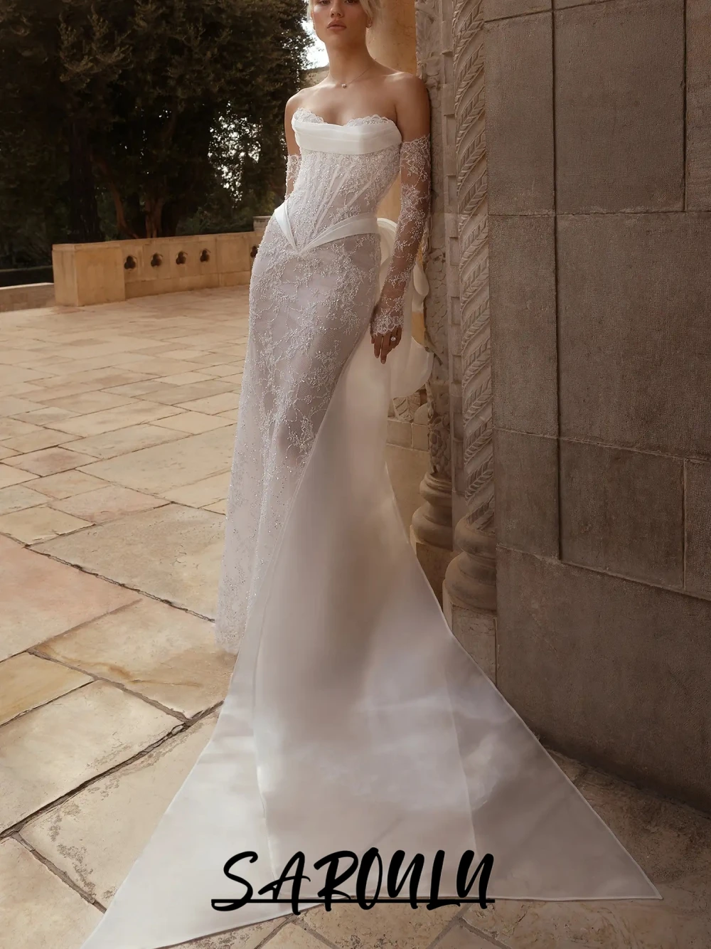 

Fairy Strapless Beaded Lace Wedding Dress Elegant Mermaid Corset Bridal Gown With Organza Draping Customized Sparkly Bride Wear