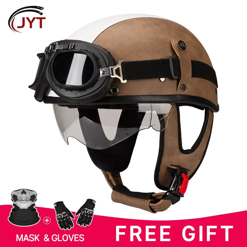 

German Style Motorcycle Half Face Helmet Leather with Goggles DOT Approved Men Cruiser Moped Chopper Scooter