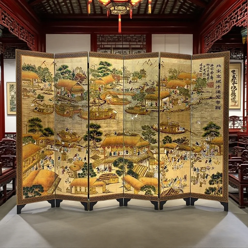 A bustling map of traditional hand-drawn indoor partition screens