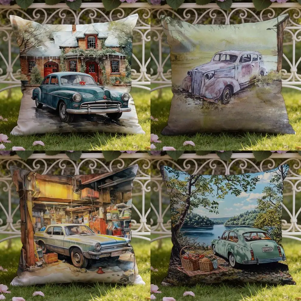 

Акварельный винтажный чехол для подушки C-Car для дома и автомобиля, чехол для подушки с двойной сцены: двусторонний для комфорта премиум-класса