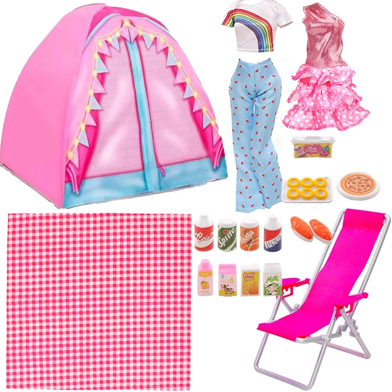 [no doll] 17 Pcs Doll Camping Tent Playset Doll Clothes and Accessories for 11.5 Inch Girl Doll - 2 Outfits 1 Camping Tent