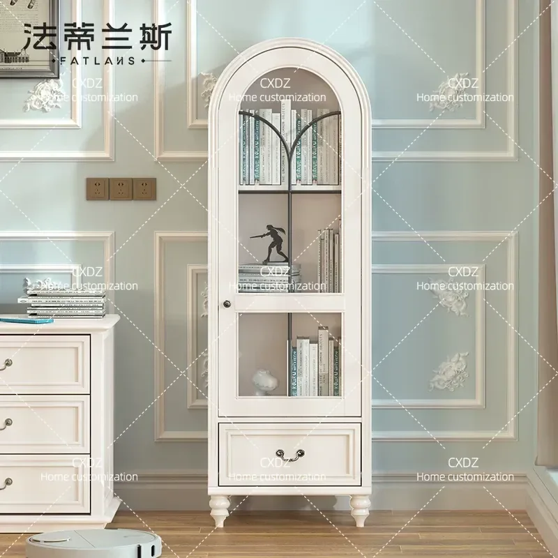 Retro White Cream Arched Solid Wood Bookcase with Glass Doors Small Apartment Wine Cabinet Custom Storage Shelf