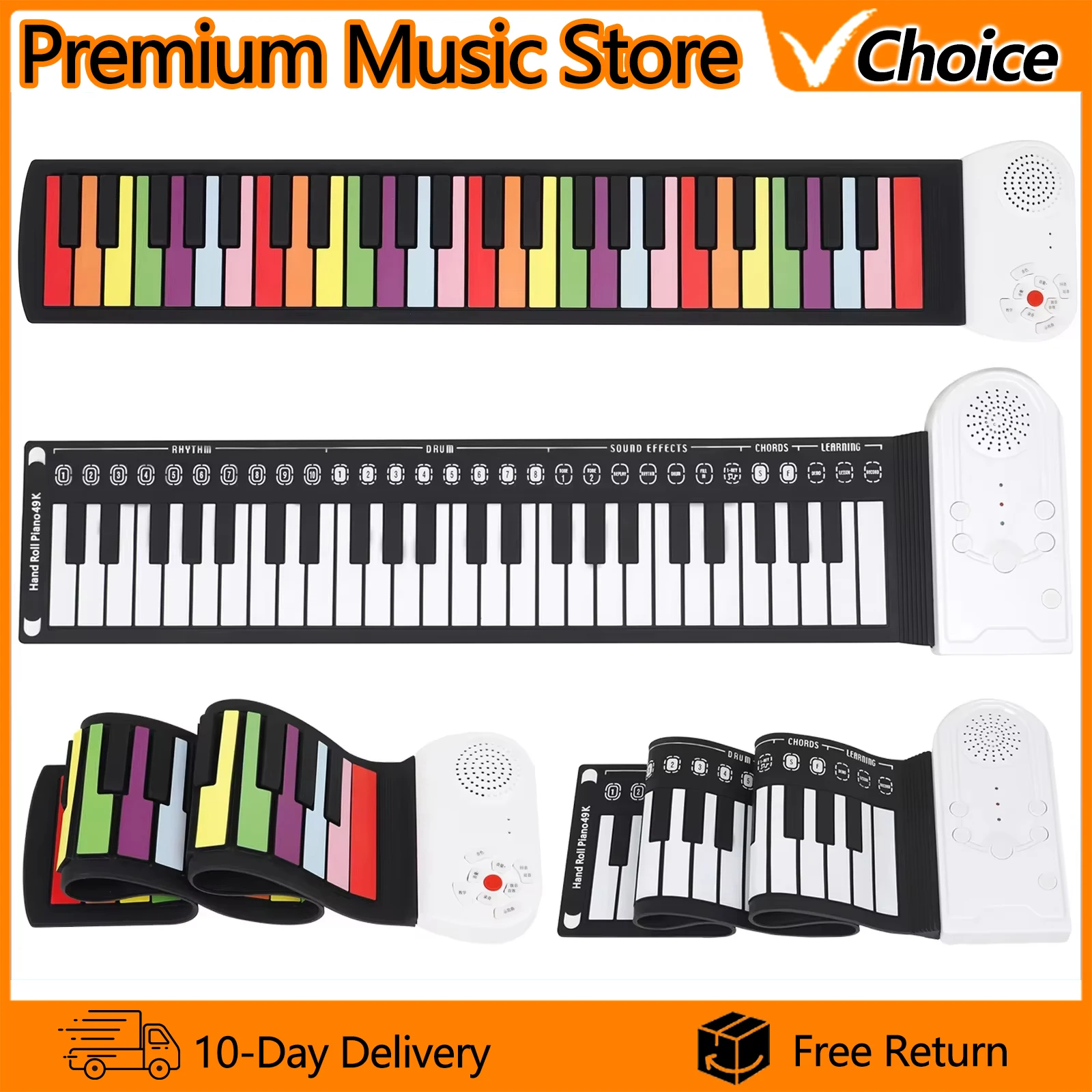 49-Keys Hand Roll Piano Portable Foldable Colorful Keyboard Hand Roll Electric Piano Rainbow Key Rechargeable Hand Roll Piano