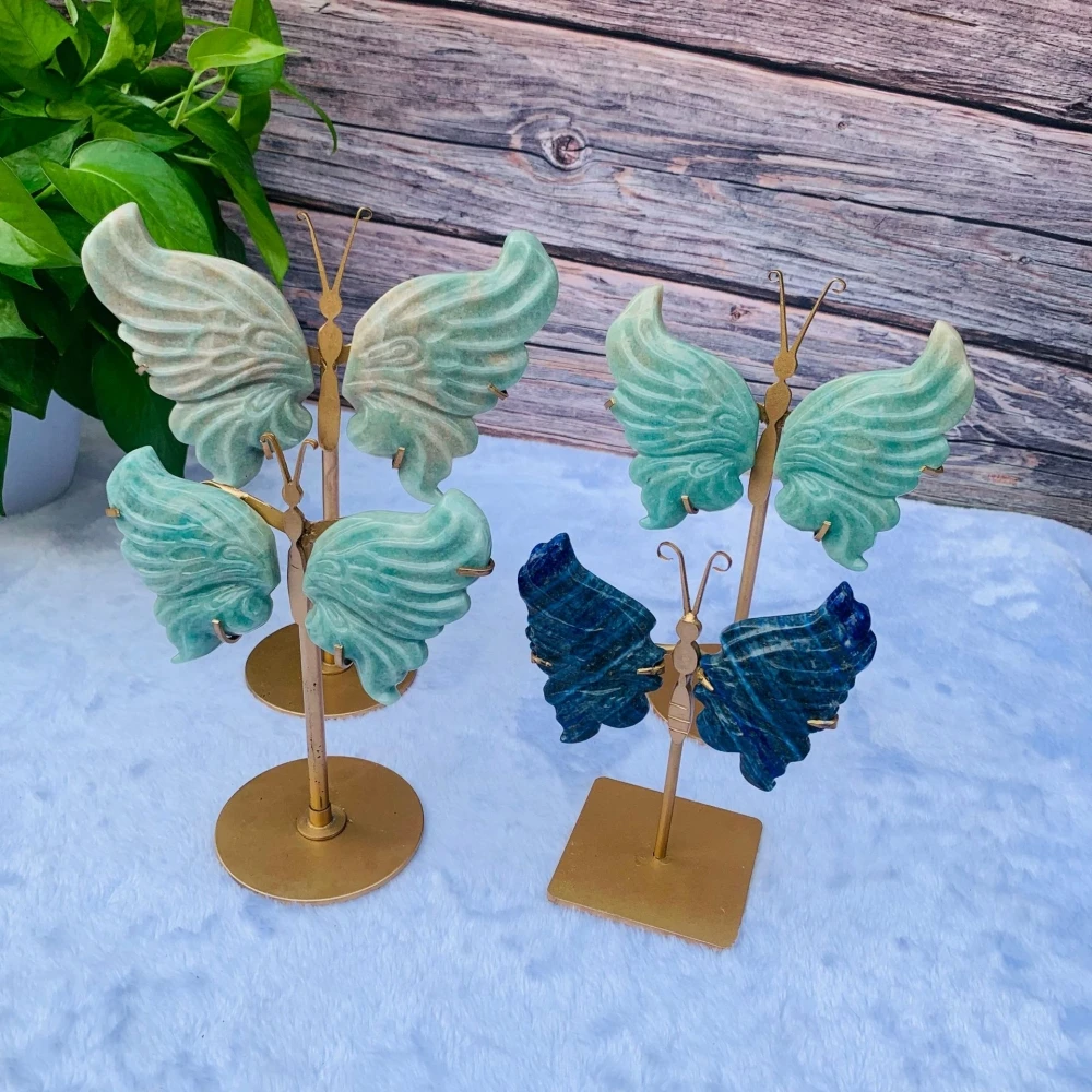 Butterfly Wings for Girl, Minerals Carved, Healing Gemstones in Tianhe Stone, Birthday Present Decorations, 1Pair with Brack