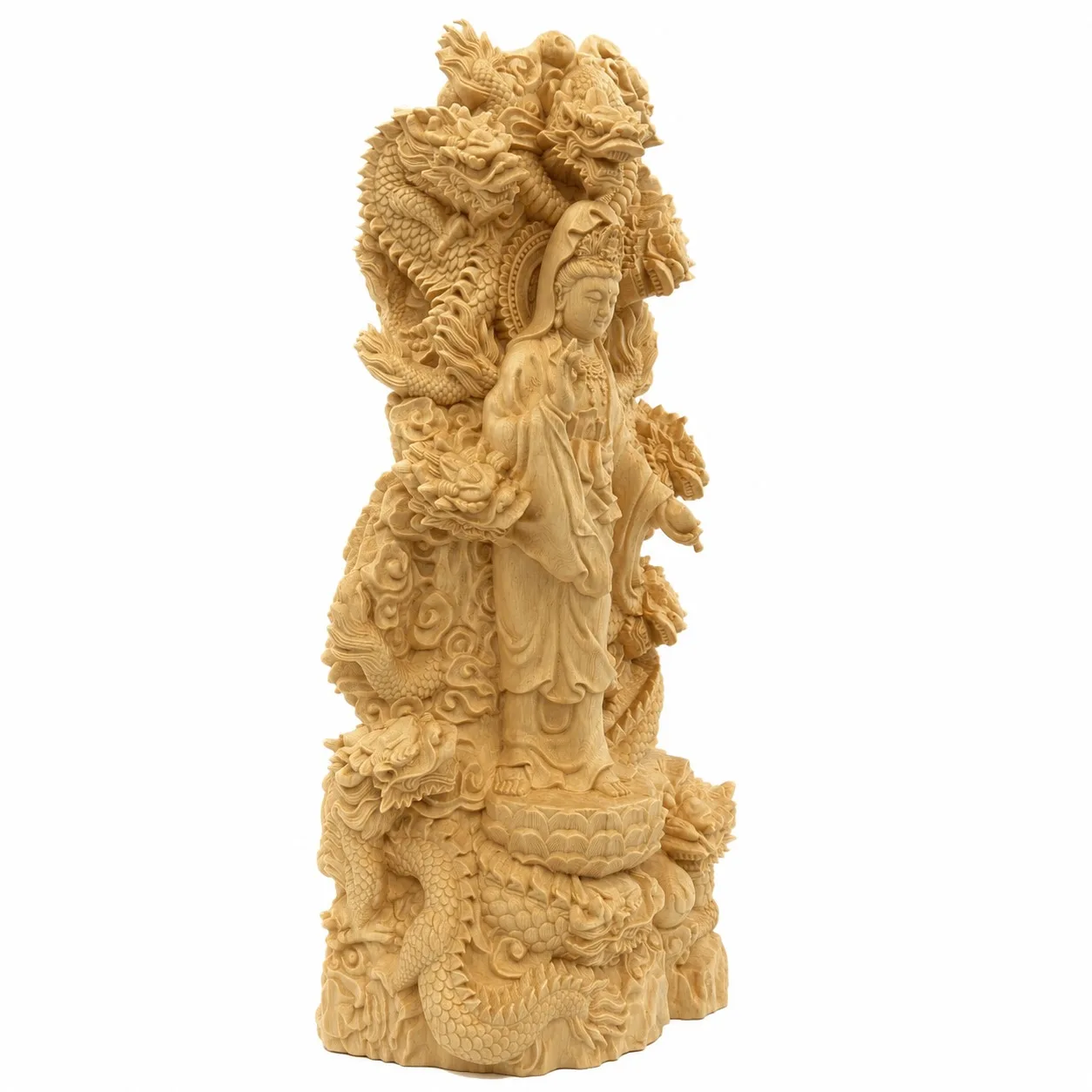 Hand Carved Hinoki Wood Nine Dragons Guanyin Statue for Chinese Buddhist Zen Home Living Room Temple Altar Decor Gift