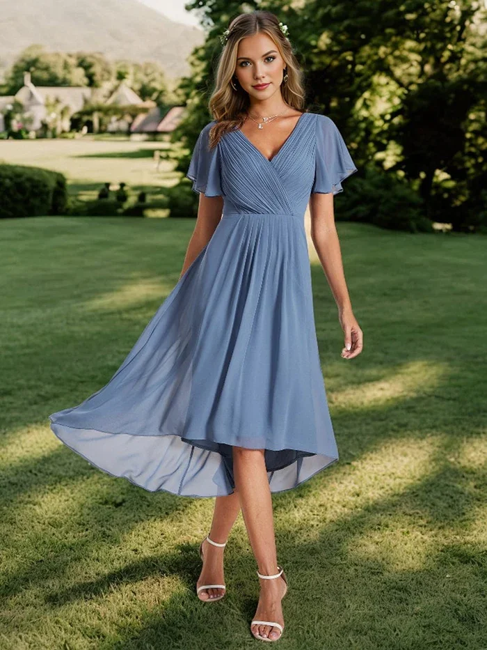 Ever-Pretty 2024 Woman\'S Chic V Neck Asymmetrical Hem Ruffles Sleeve Pleated Chiffon Dress