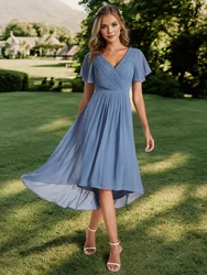 Ever-Pretty 2024 Woman'S  Chic V Neck Asymmetrical Hem Ruffles Sleeve Pleated Chiffon Dress