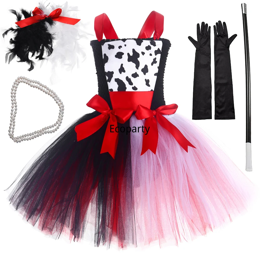 

New Evil Cruella Costumes for Girls Black White Witch Halloween Dresses for Kids Dalmatian Dog Themed Cosplay Clothes Outfits 35