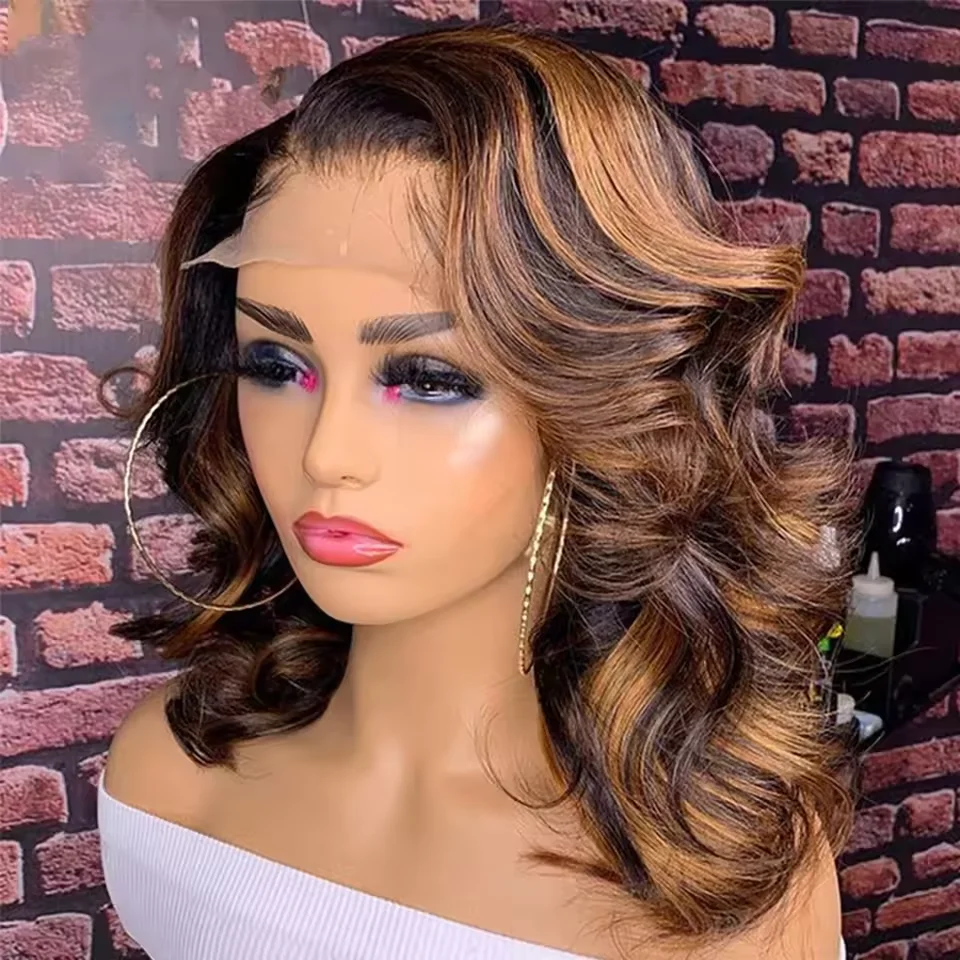 

Highlight Ombre Short Bob Wig Human Hair Body Wave 4/27 Blonde Colored Glueless Wigs 13x4 7x5 HD Lace Frontal Wigs Ready To Wear