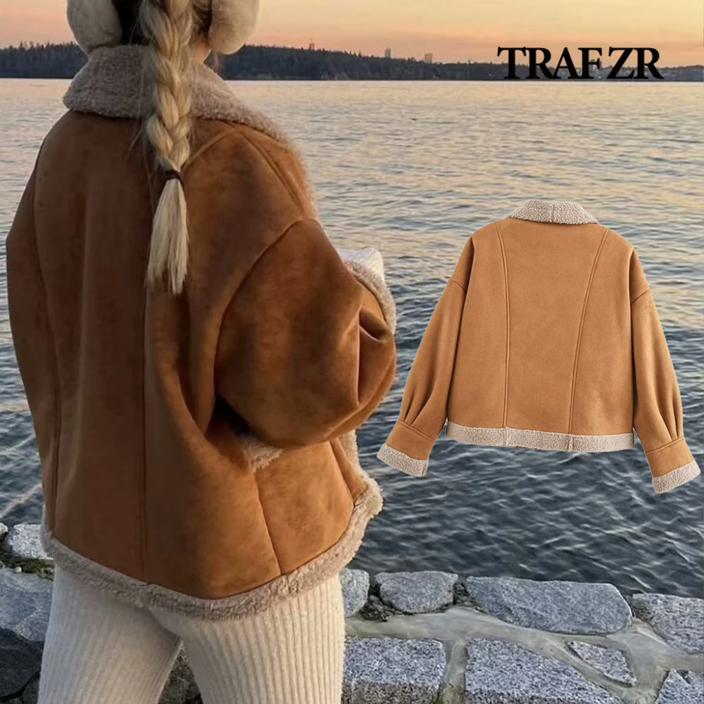 TRAF ZR HighStreet Faux Sheepskin Jacket Long Sleeve Flared Cuff Artificial Fur Coat Lapeled Single Breasted Winter Outerwear