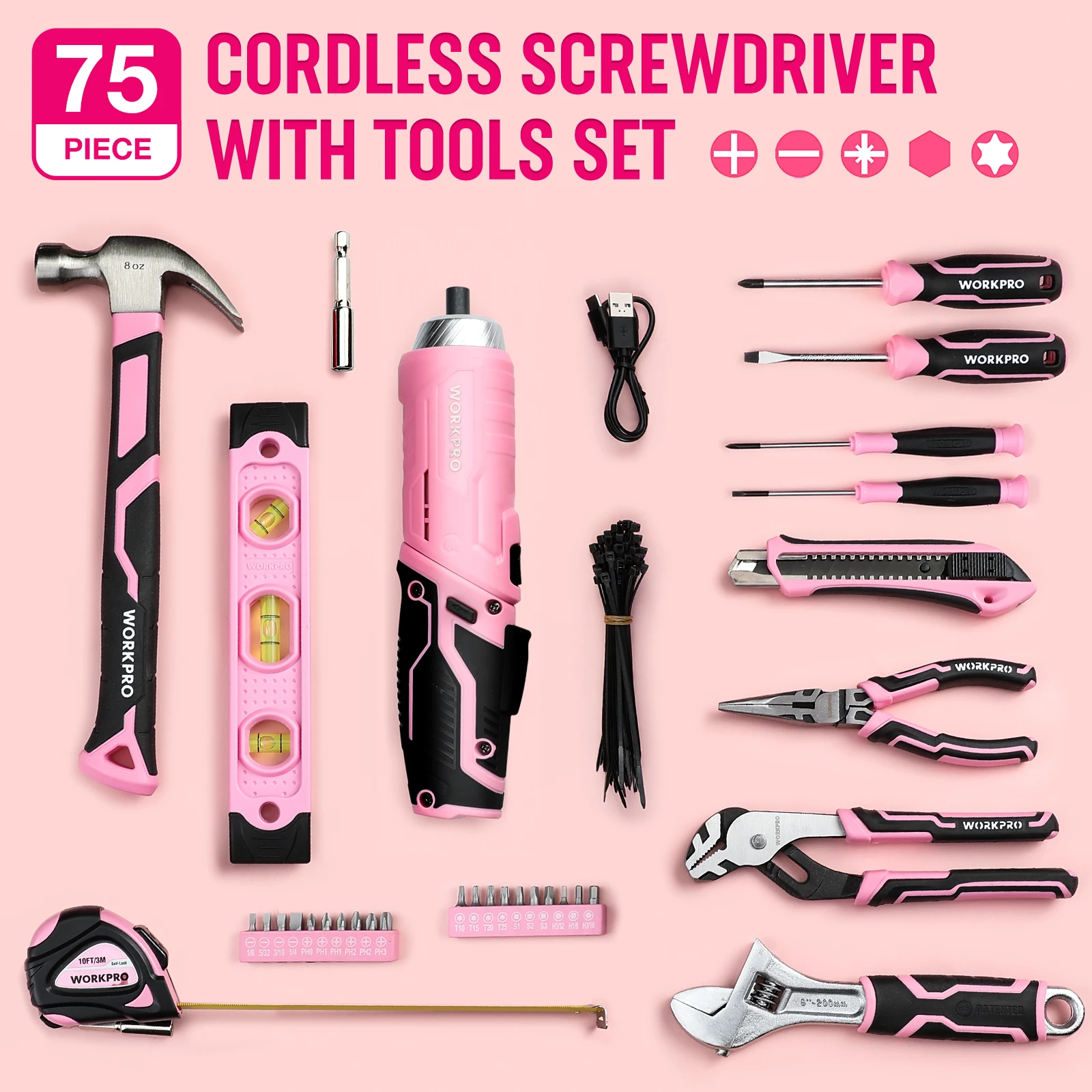WORKPRO 3.7V Rotatable Cordless Screwdriver and 74pcs Household Tool Kit with 13'' Portable Steel Tool Box