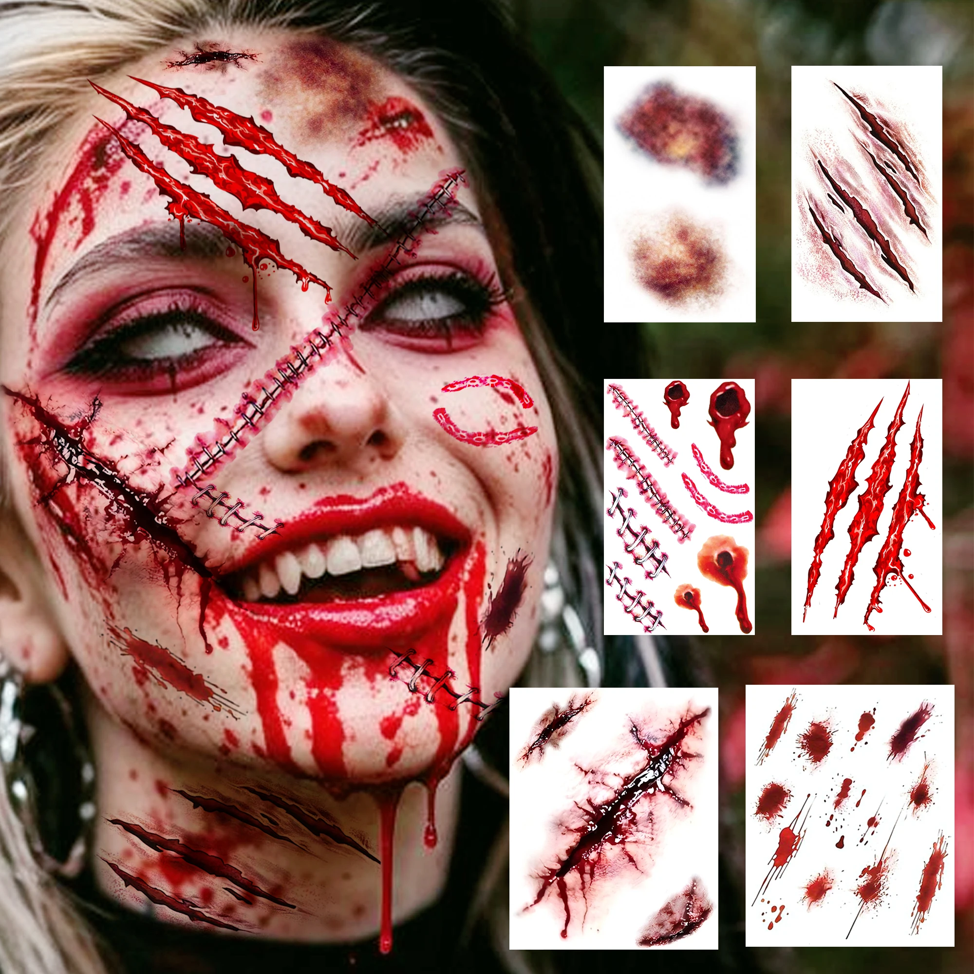 6 Sheets Halloween Face Bloody Scratches Wound Tatoos Temporary Tatoos Sticker, Waterproof Durable Realistic Fake Tatoos Sticker
