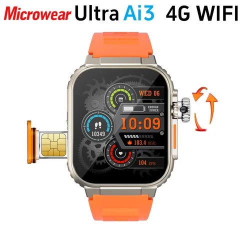 Microwear Ultra Ai3 Smartwatch 남성 여성 4G SIM 카드 Wifi 셀룰러 GPS NFC Ultra 3 Android 180 °   회전 카메라 스마트 워치