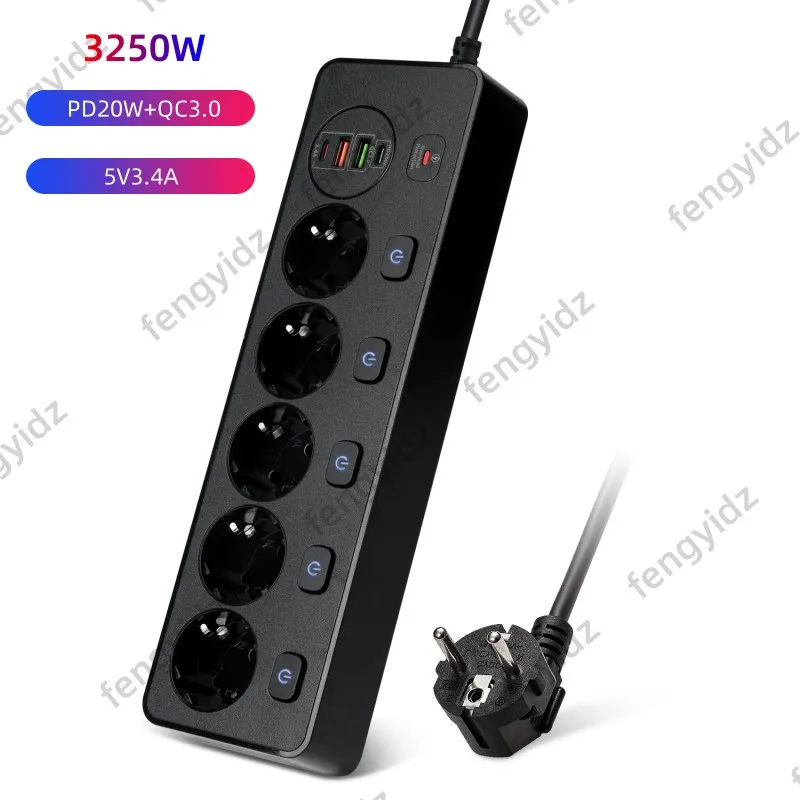 EU-Stecker 5 Wechselstrom steckdose Steckdosen leiste Multitap-Verlängerung kabel Steckdose mit 20W PD QC 3,0 USB-Schnell ladegerät Multiprise-Netzwerk