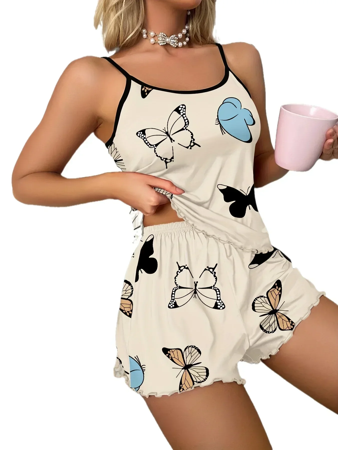 

Butterfly Print Pajama Set Lettuce Trim Cami Top Elastic Waistband Shorts Women Sleepwear Loungewear