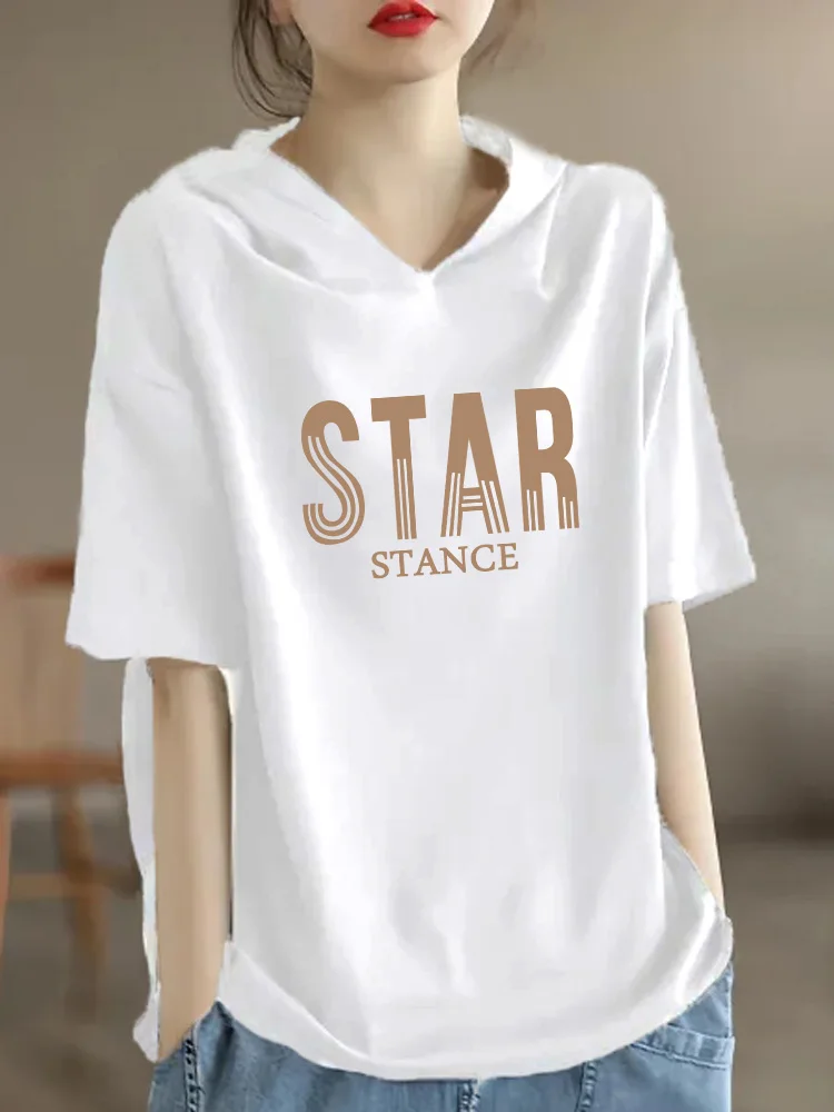 

Loose Fit Women's Cotton T-Shirt Short Sleeve Printed Hoodie Versatile plus Size Slimming Top Commute Style Summer Wear