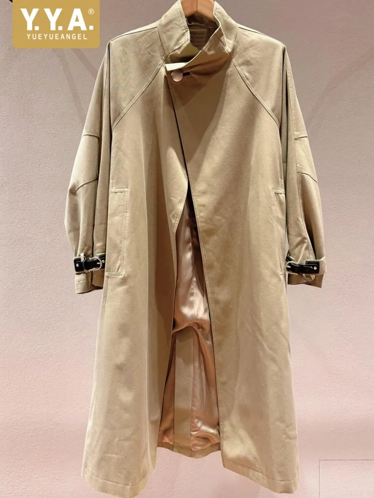 British One Button Buckle Strap Long Sleeves Trench Fashion Solid Color Stand Collar Loose Overcoat Office Ladies Windbreakers