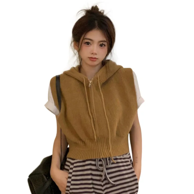 Women\'s Zipper Hooded Sleeveless Knit Vest Top Solid Color Casual Short Hooded Vest Coats Top