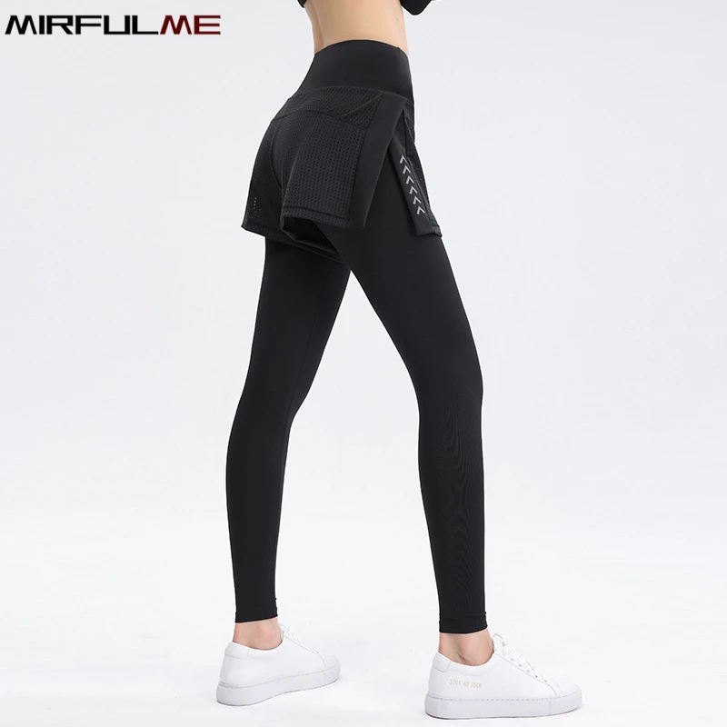 Women Sports Leggings Elastic High Waist Yoga Pants Fake Two Piece Running Trousers Quick Dry Elastic Gym Fitness Tights Female