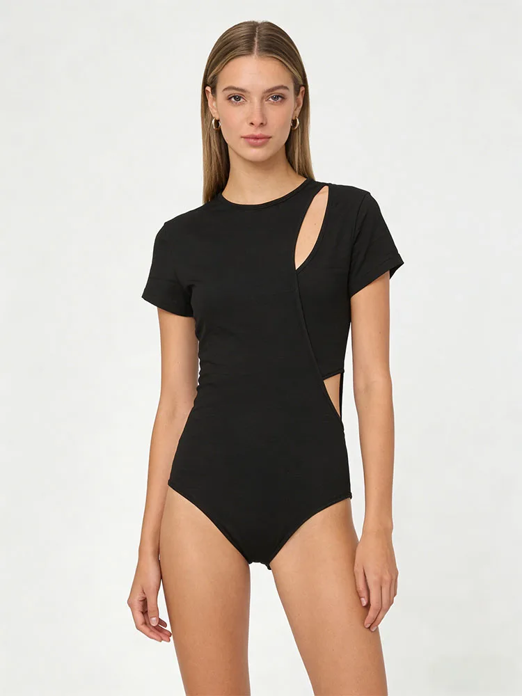 Women's hollow out short sleeved jumpsuit solid color round neck slim fit tight top summer sexy fashion club women's suit