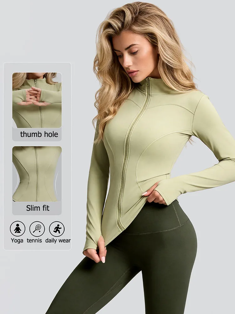 Women Slim Fit Athletic Jacket with Thumb Holes Stand Collar Curved Seam Workout Long Sleeve Top Yoga Tennis Daily Sports