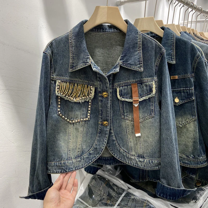 Diamonds Denim Jacket Women Exposed Navel Short Coat Spring Autumn Streetwear High-waisted Loose Tops Lady Casual Jean Jackets