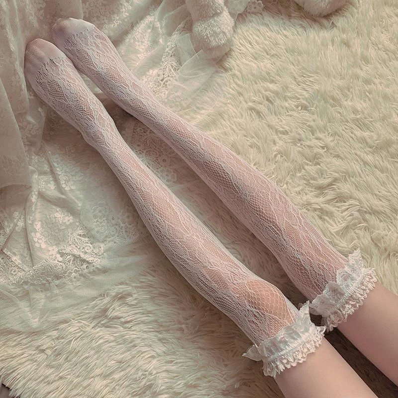 Lolita Long Tube White Lace Mesh Female Over-knee High-tube Thigh Middle-tube Calf Socks Thin Section Student Jk Black And White