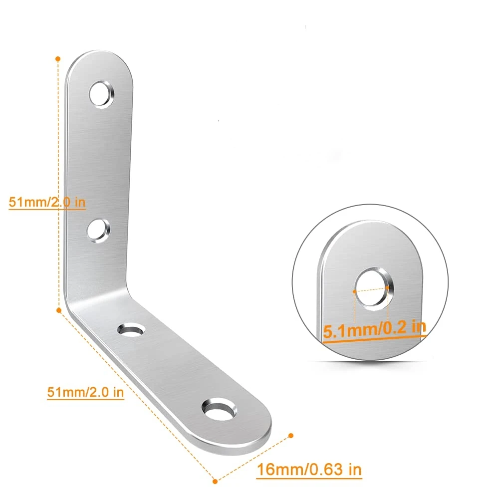 20PCS L Brackets – 2 Inch Stainless Steel Corner Braces with Screws, 90° Right Angle Shelf Supports for Wood Furniture, Table