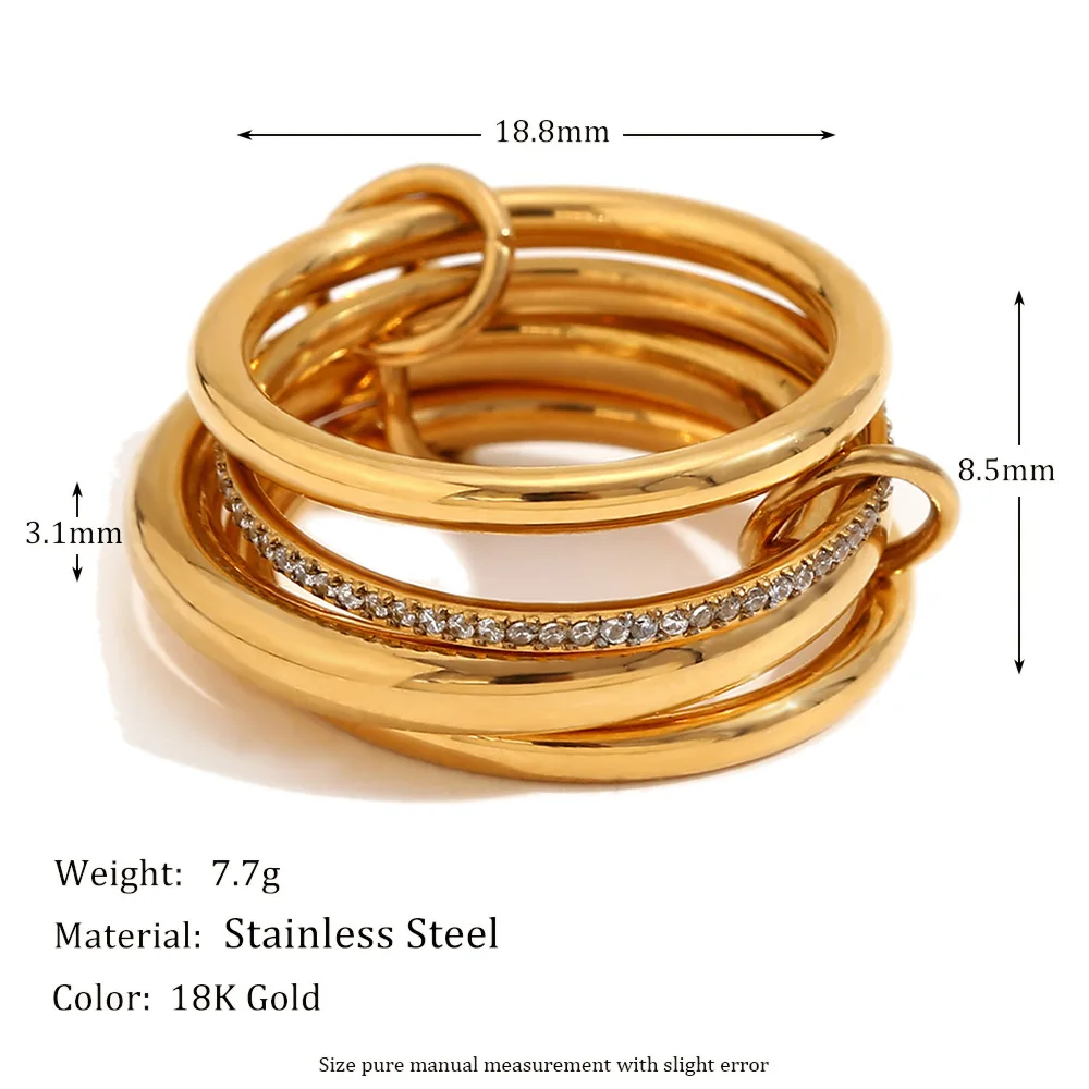 Women Interlocked 4‑Layer Stacked Ring Stainless Steel 18K Gold Plated Pave CZ Personality Statement Finger Ring Fashion Jewelry