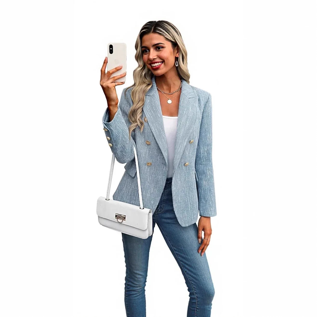 Women's Light Blue Tweed Blazer Double Breasted Textured Jacket Casual Work Office Outwear 2026 Spring Fall Fashion