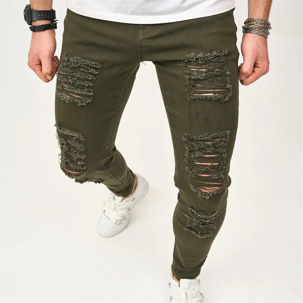 Street style Men Skinny Holes Beggar Jeans Good Quality Men's Distressed Stretch Slim Jogging Pencil Denim Pants Male Trousers