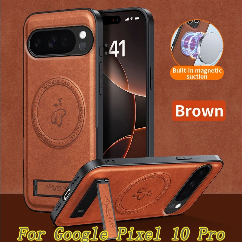 

Wireless Charger For Magsafe Kickstand Case For Google Pixel 10 Pro Invisible Bracket PU Leather Phone Cover For Google Pixel 10
