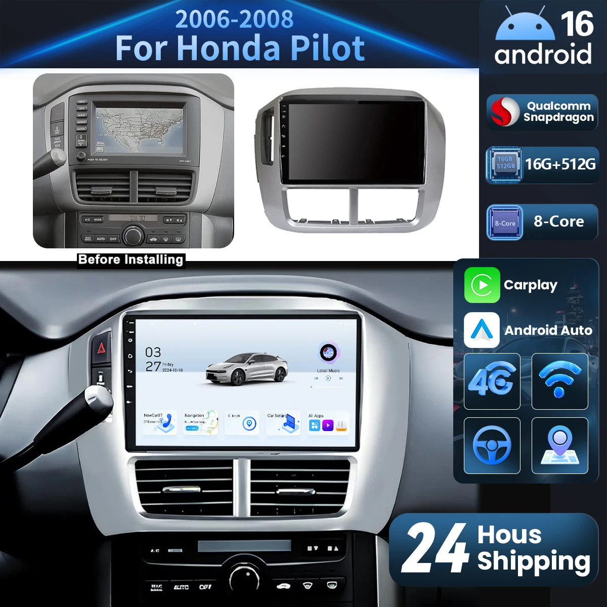 Android 16 Carplay Auto WIFI+4G Car Radio Multimedia Player For Honda Pilot 2006 2007 2008 DSP Qualcomm 16G-512G 2K Screen BT