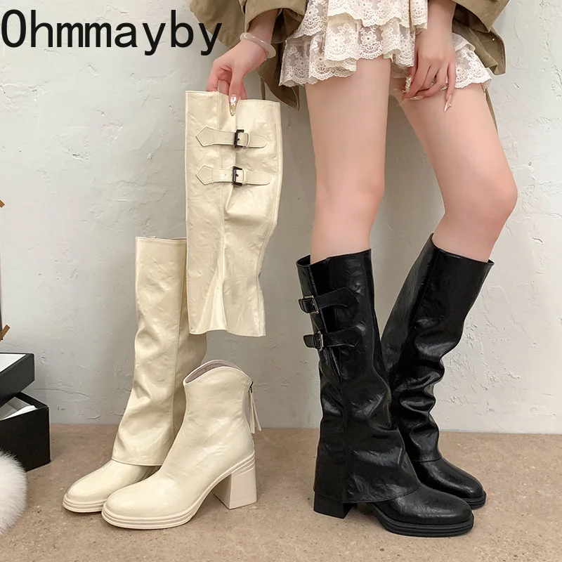 Women Detachable Two Wear Knee High Boots Buckle Decor Chunky Heel Platform Pleated Leather Pants Boots Autumn Fashion Shoes