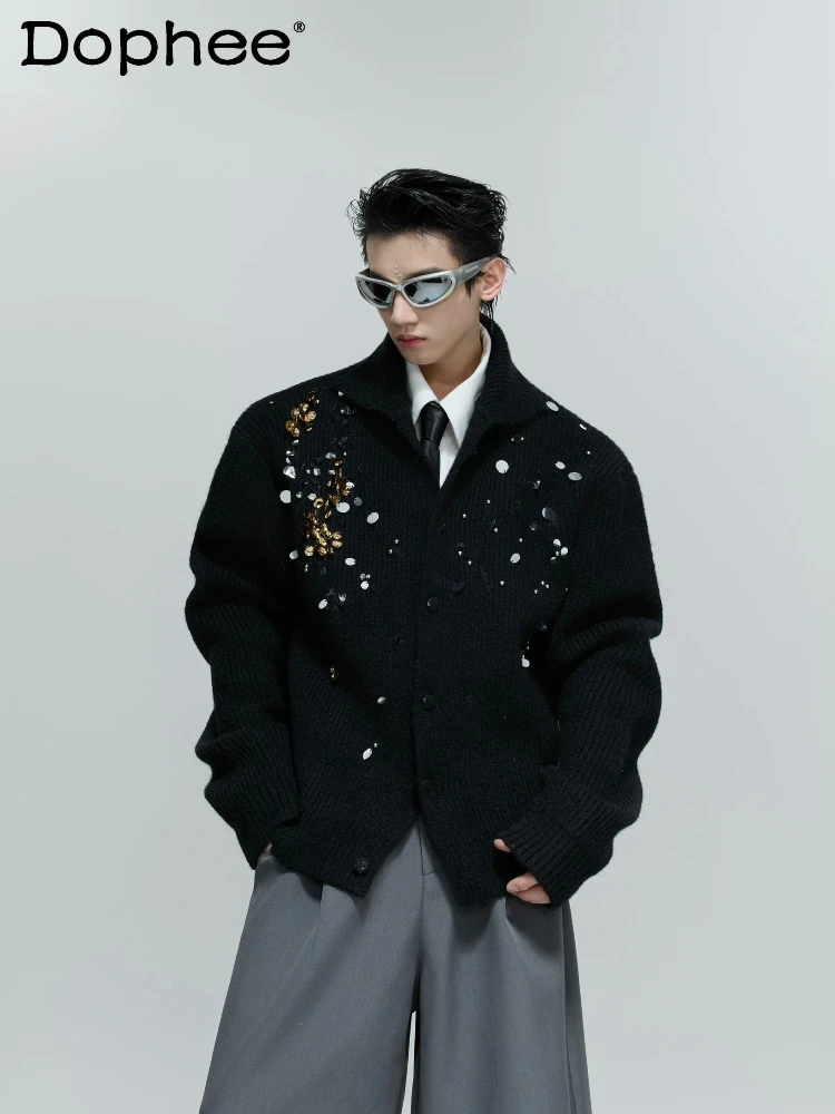 French Fashion Trend Heavy Sequin Cardigan High Neck Sweater Loose Casual Stylish Boy Ins Knitted Sweater