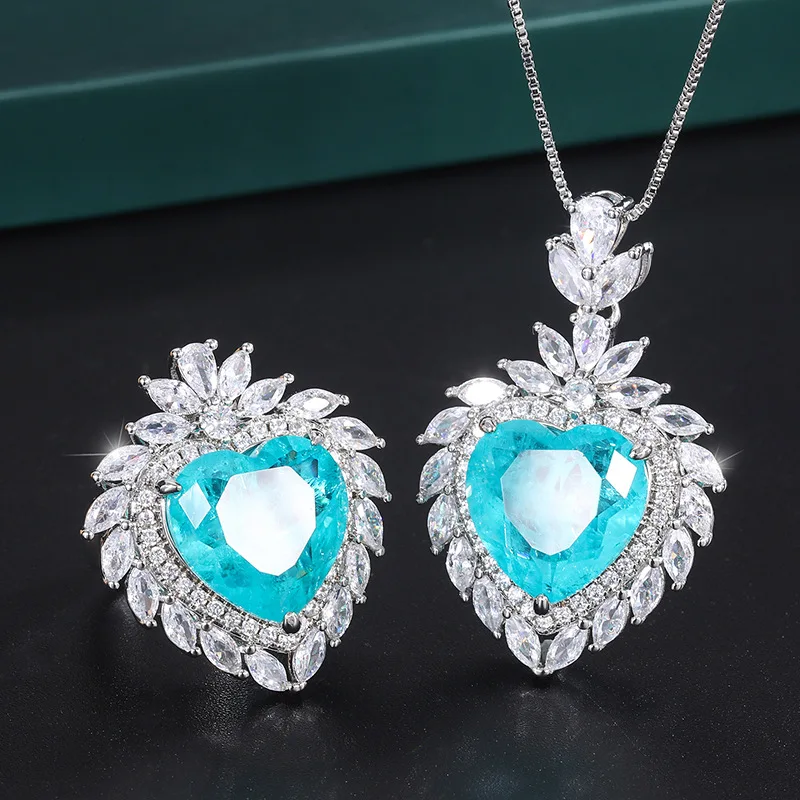 

Jewelry Gold-Plated Paraiba Heart Pendant Ring Set Main Stone 15*15