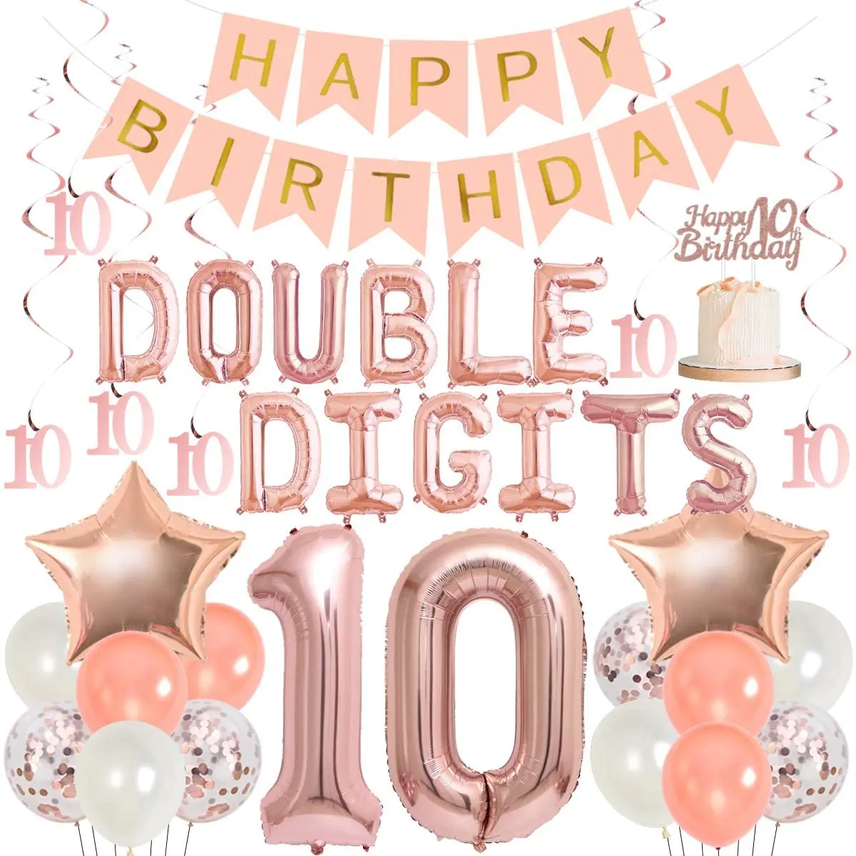 

10th Birthday Decoration Girl Rose Gold Double Digits 10 Birthday Decorations with Number10 Balloons Hanging Swirls Cake Topper