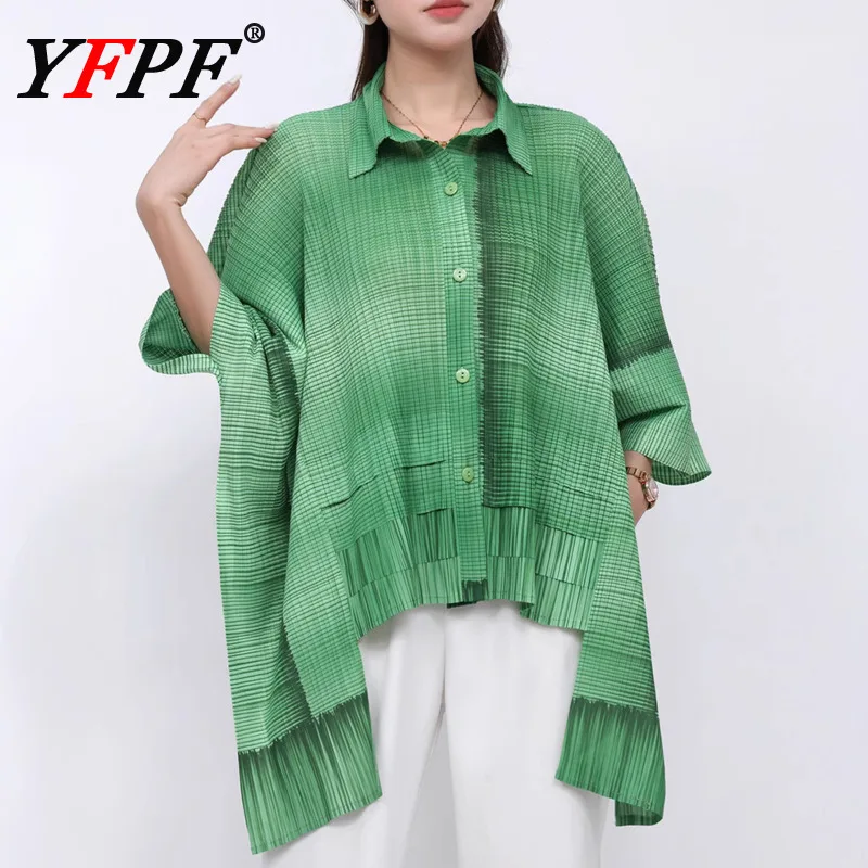 

YFPF Tie Dye Design Pleated Irregular Shirt For Women Fashion Design Lapel Button Loose Tops High Street 2025 New Clothing 3A378