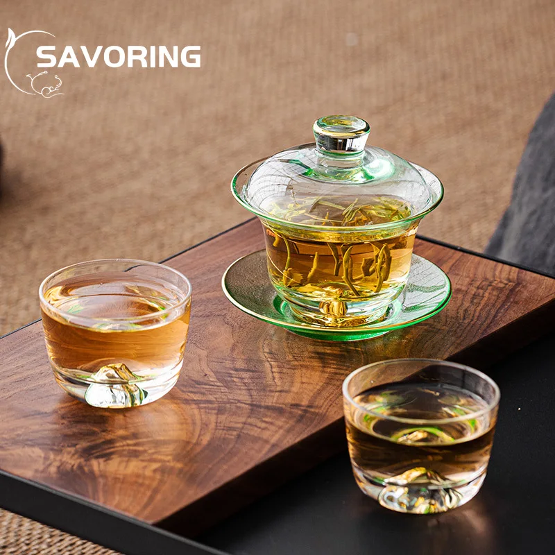 200ml Ice-green Crystal Glass Tea Tureen Outline In Gold Sancai Tea Bowl Tea Maker Gaiwan Teacup Household Kung Fu Teaware Set