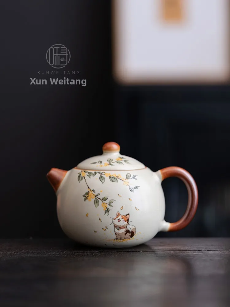 

Чайник Ruyao Cerc, китайский, для домашнего использования, мультяшный фарфоровый чайный набор Гунфу, винтажный, с кракелюром, маленький, с изображением котенка, xing...