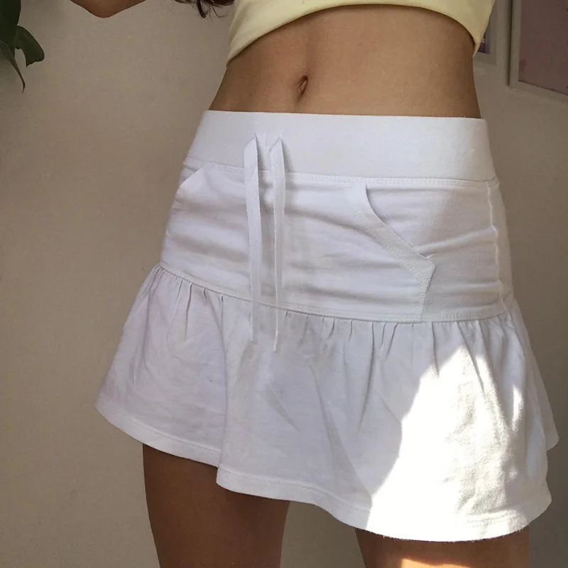 Solid White Mini Skort for Ladies Flowy Ruffle Elastic Waist Drawstring with Side Pockets A-Line Short Skirt for Summer Gym And