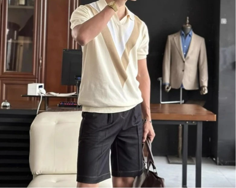 

Polo Shirt Knitted Short Sleeve Men's Summer Outfit Versatile Casual T-Shirt Fitness Top
