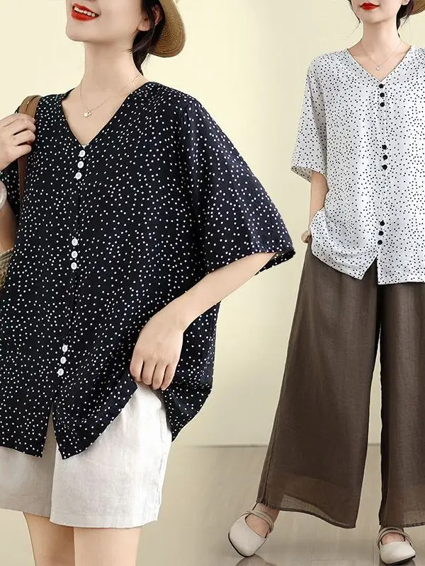 루즈핏 코튼 린넨 V넥/라운드넥 물방울 무늬 여성 상의 한국 스타일 여름 신상 큰 사이즈 중년 여성 상의