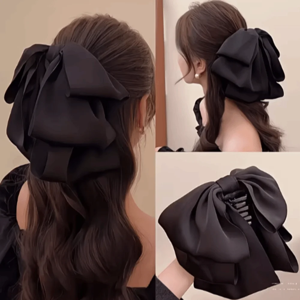 Elegant Wide Grip Oversized Bow Hair Claw Non-Slip Durable Long-Lasting Hair Accessories Pure Black Sturdy Hair Clamp Wedding