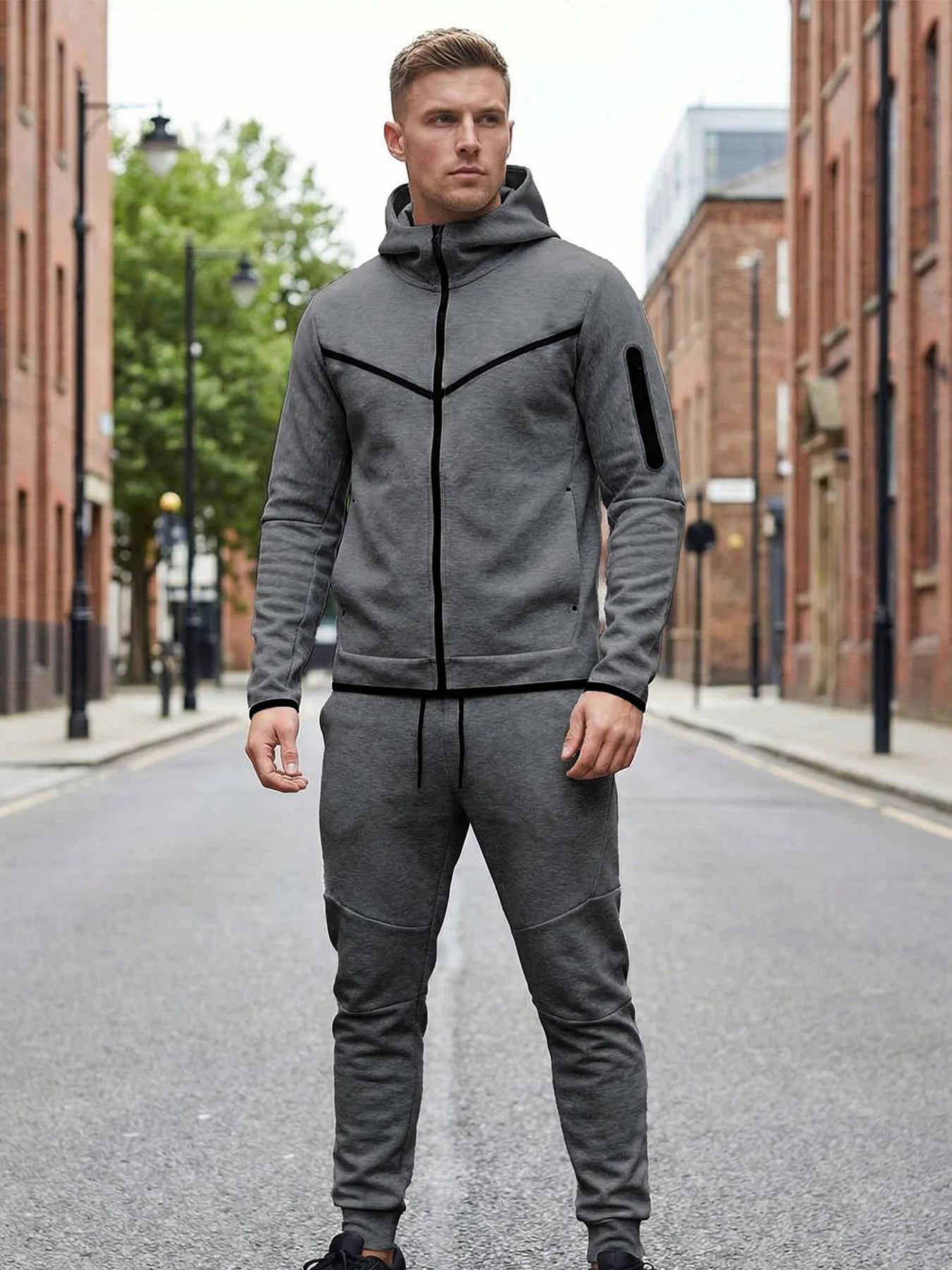 2-teiliger Herren-Sportanzug für Frühling und Herbst, Kapuzenjacke mit Reißverschluss und Jogginghose, lässiger Alltags-Sportanzug für Männer im Freien – Detail 14